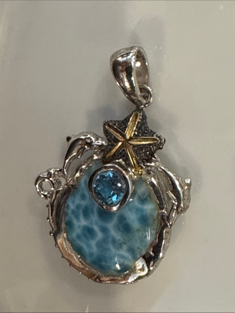 Larimar and Blue Topaz Starfish Dolphin Pendant - Silver - Picture 6 of 7
